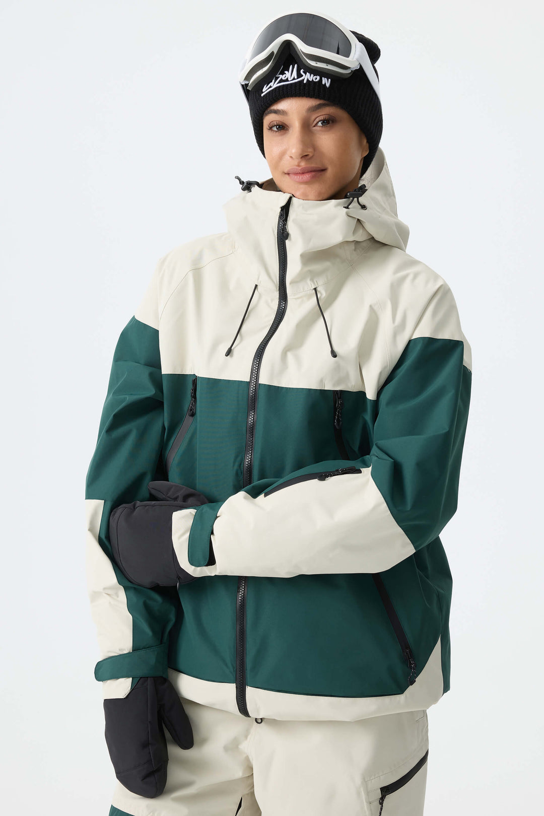 Women's Color-Block Off White & Green Structured Insulated Snow Jacket