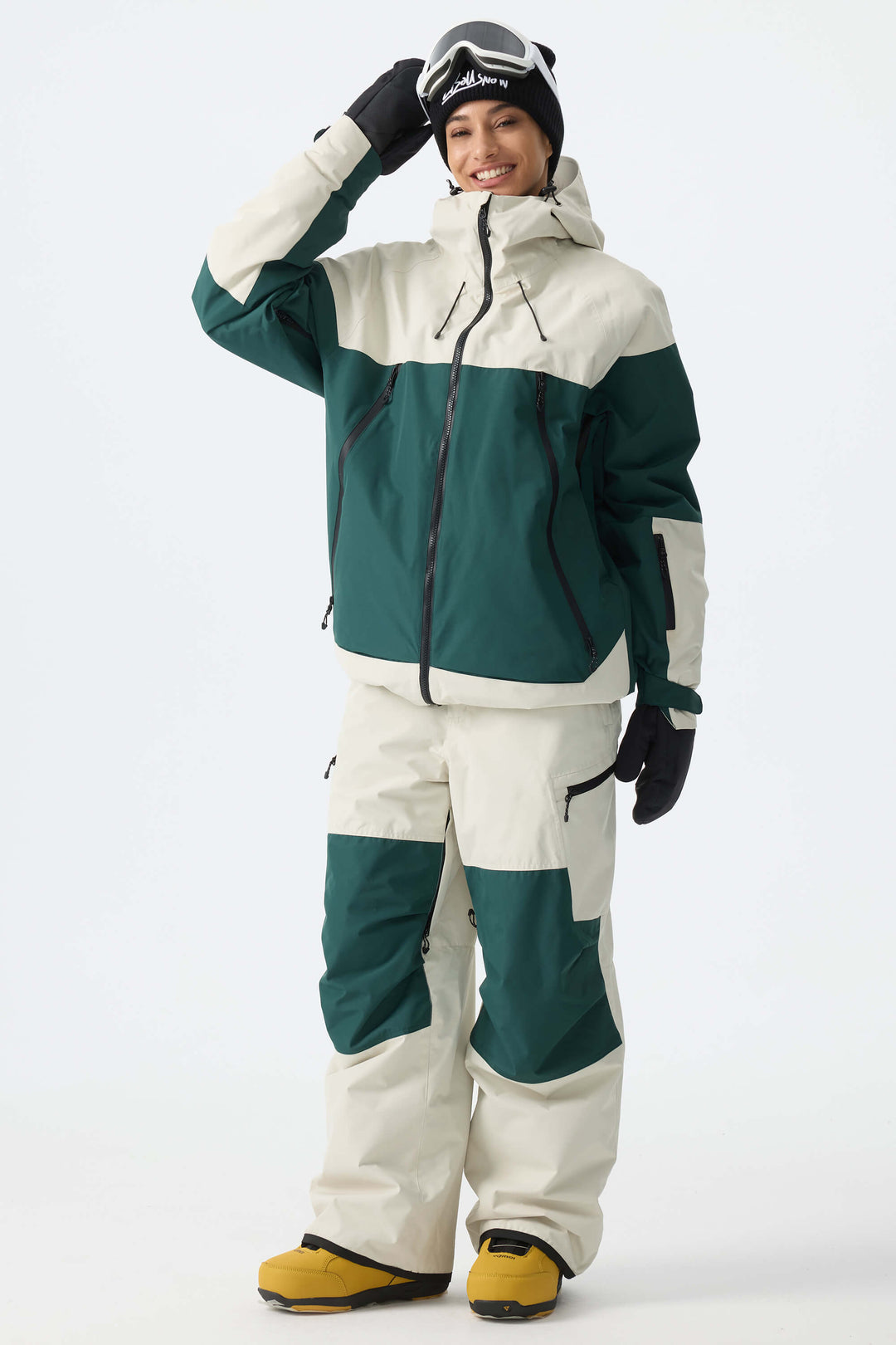 Women's Color-Block Off White & Green Structured Insulated Snow Jacket