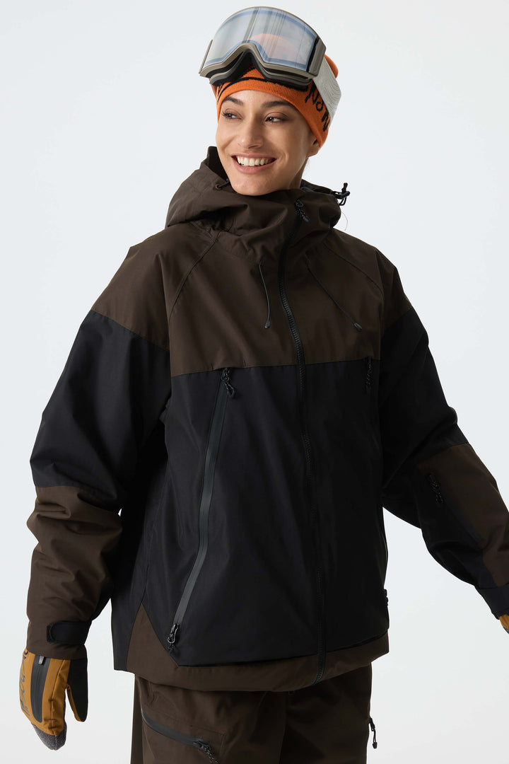 Women's Color-Block Dark Brown & Black Structured Insulated Snow Jacket