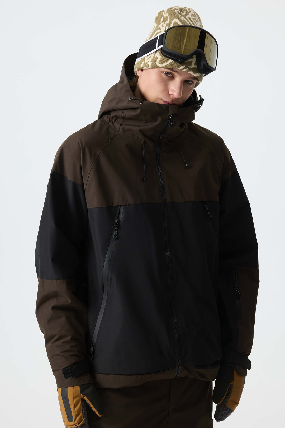 Men's Color-Block Dark Brown & Black Structured Insulated Snow Jacket