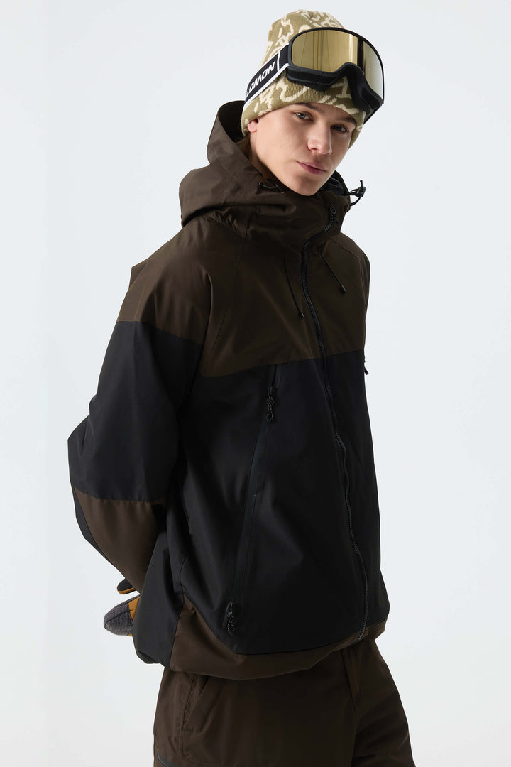 Men's Color-Block Dark Brown & Black Structured Insulated Snow Jacket