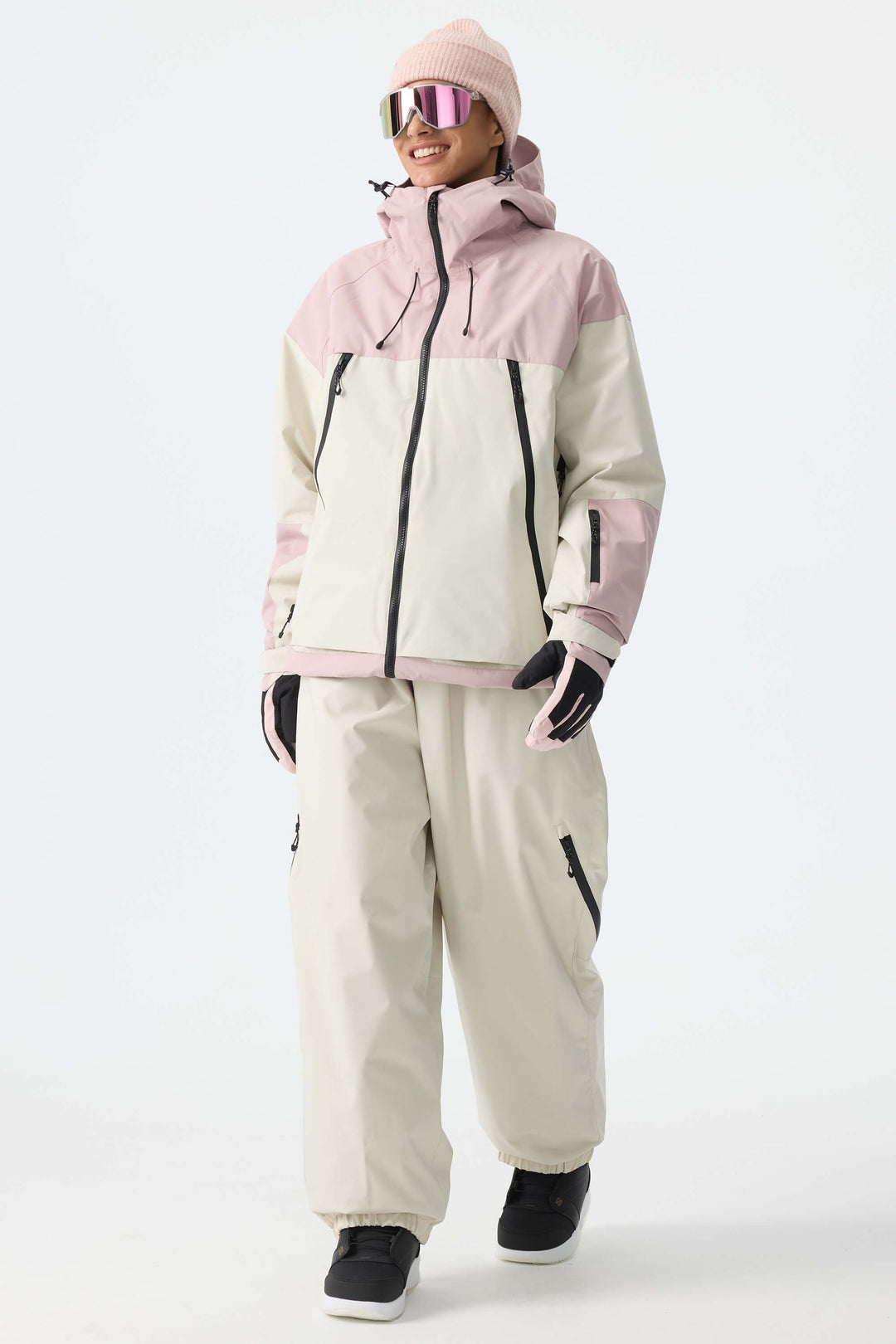 Women's Color-Block Pink & Off White Structured Insulated Snow Jacket