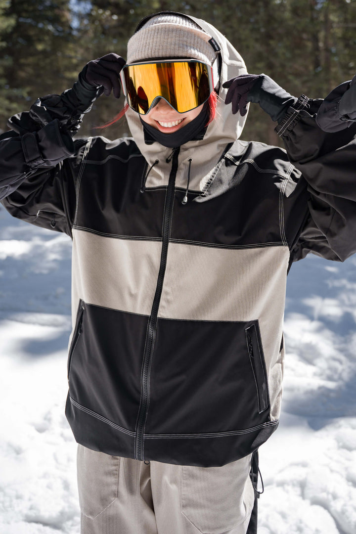 Women's Color-Block Off White & Black Corduroy Snow Jacket