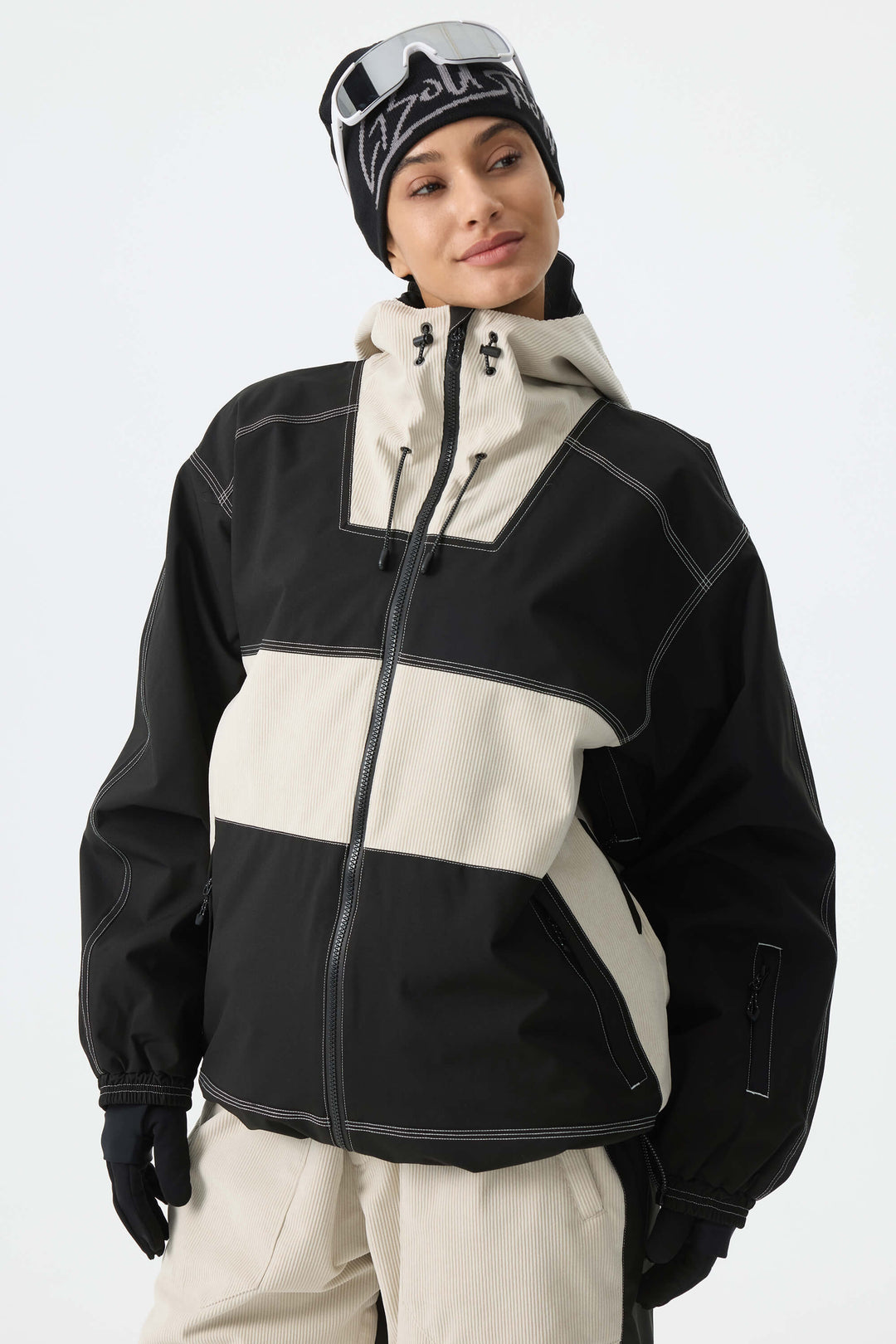 Women's Color-Block Off White & Black Corduroy Snow Jacket