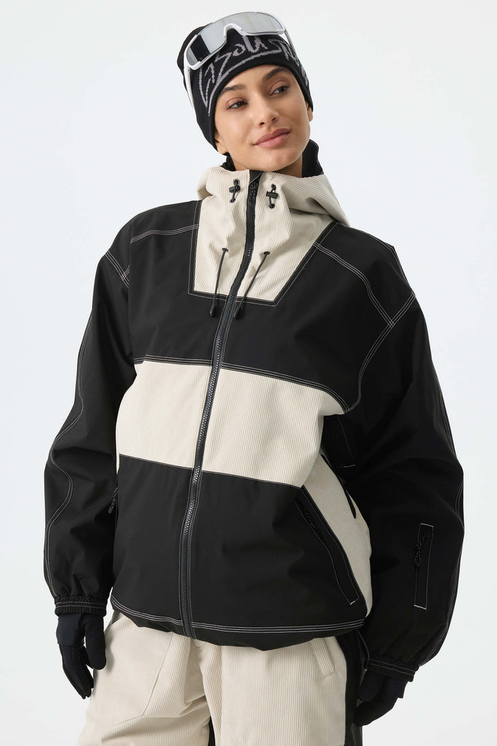 Women's Color-Block Off White & Black Corduroy Snow Jacket