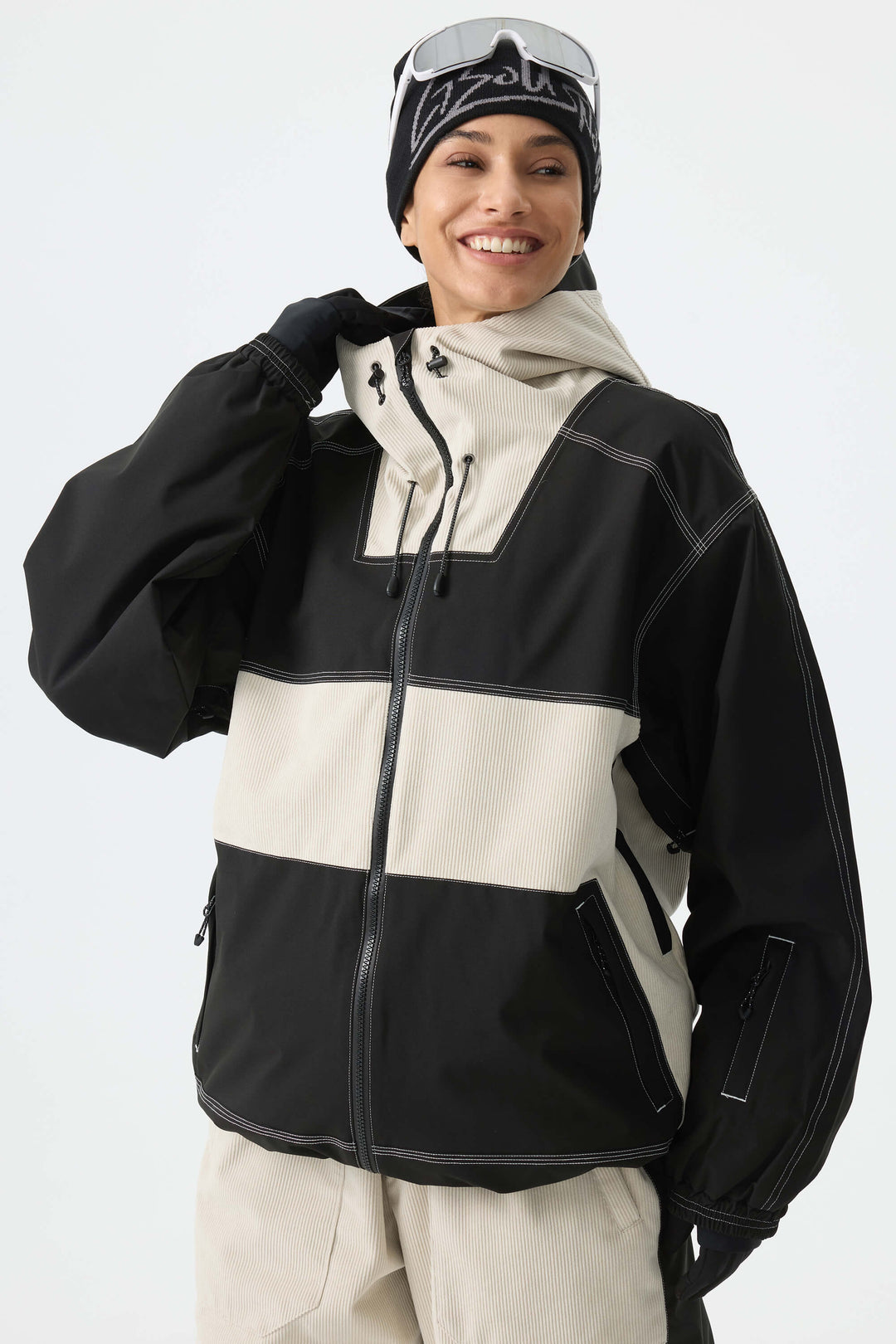 Women's Color-Block Off White & Black Corduroy Snow Jacket