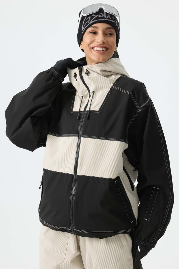 Women's Color-Block Off White & Black Corduroy Snow Jacket
