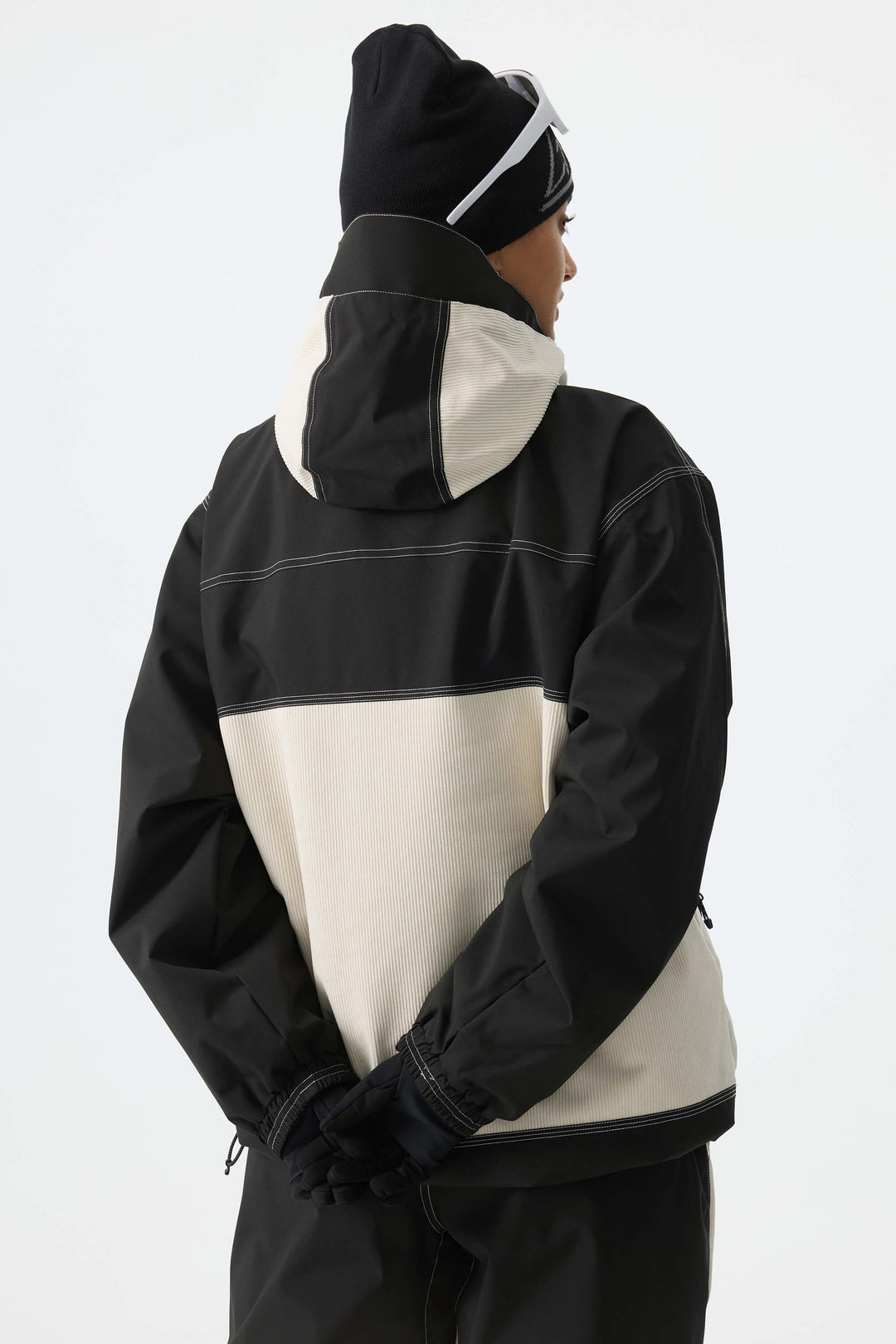 Women's Color-Block Off White & Black Corduroy Snow Jacket