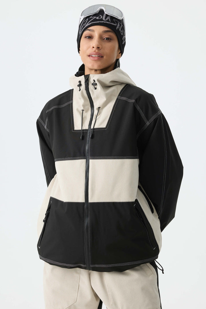Women's Color-Block Off White & Black Corduroy Snow Jacket