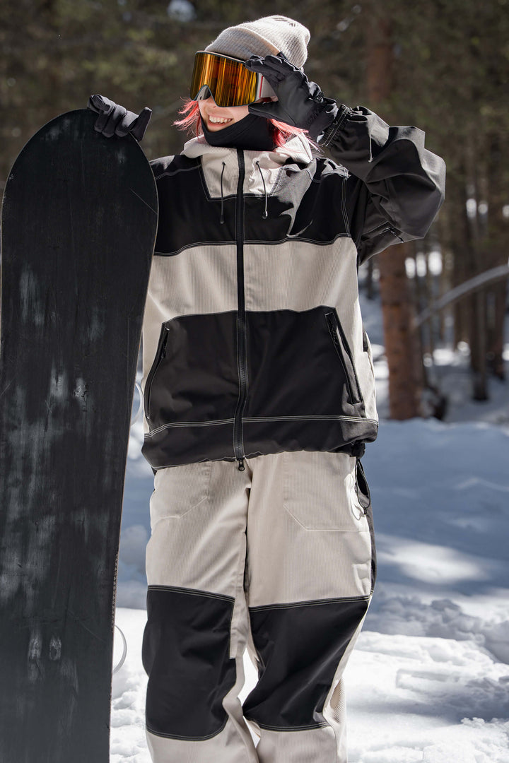 Women's Color-Block Off White & Black Corduroy Snow Jacket