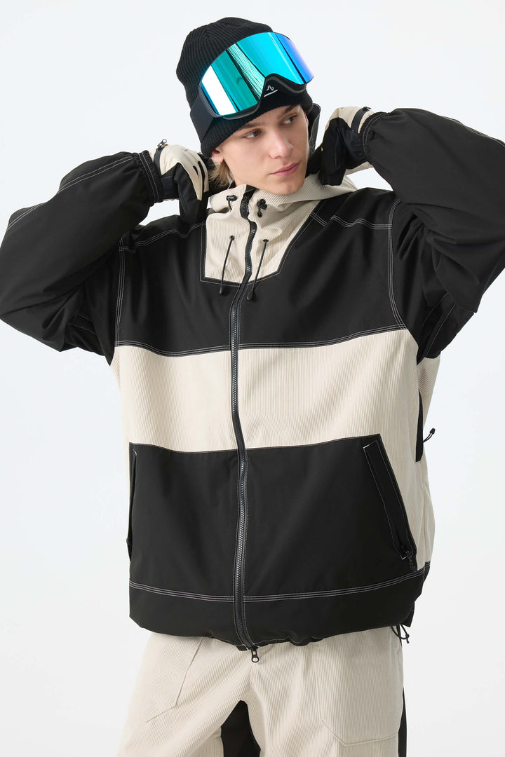 Men's Color-Block Off White & Black Corduroy Snow Jacket