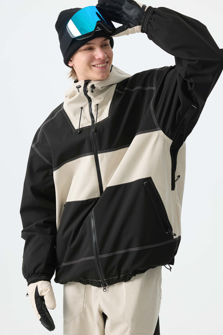 Men's Color-Block Off White & Black Corduroy Snow Jacket