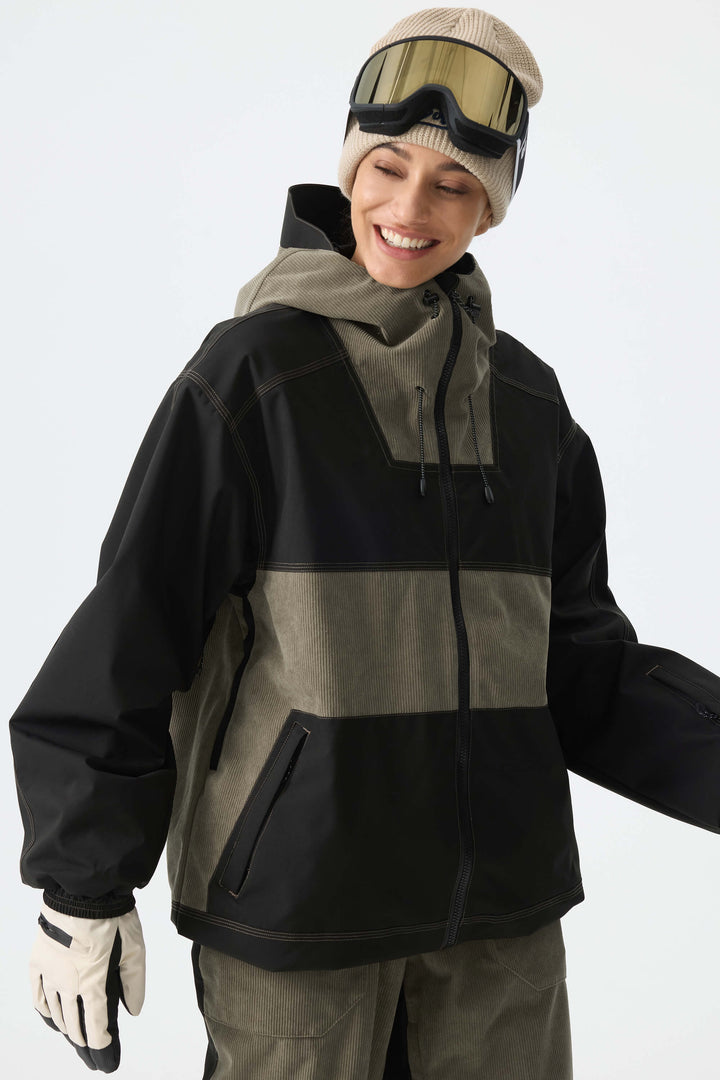 Women's Color-Block Off White & Black Corduroy Snow Jacket