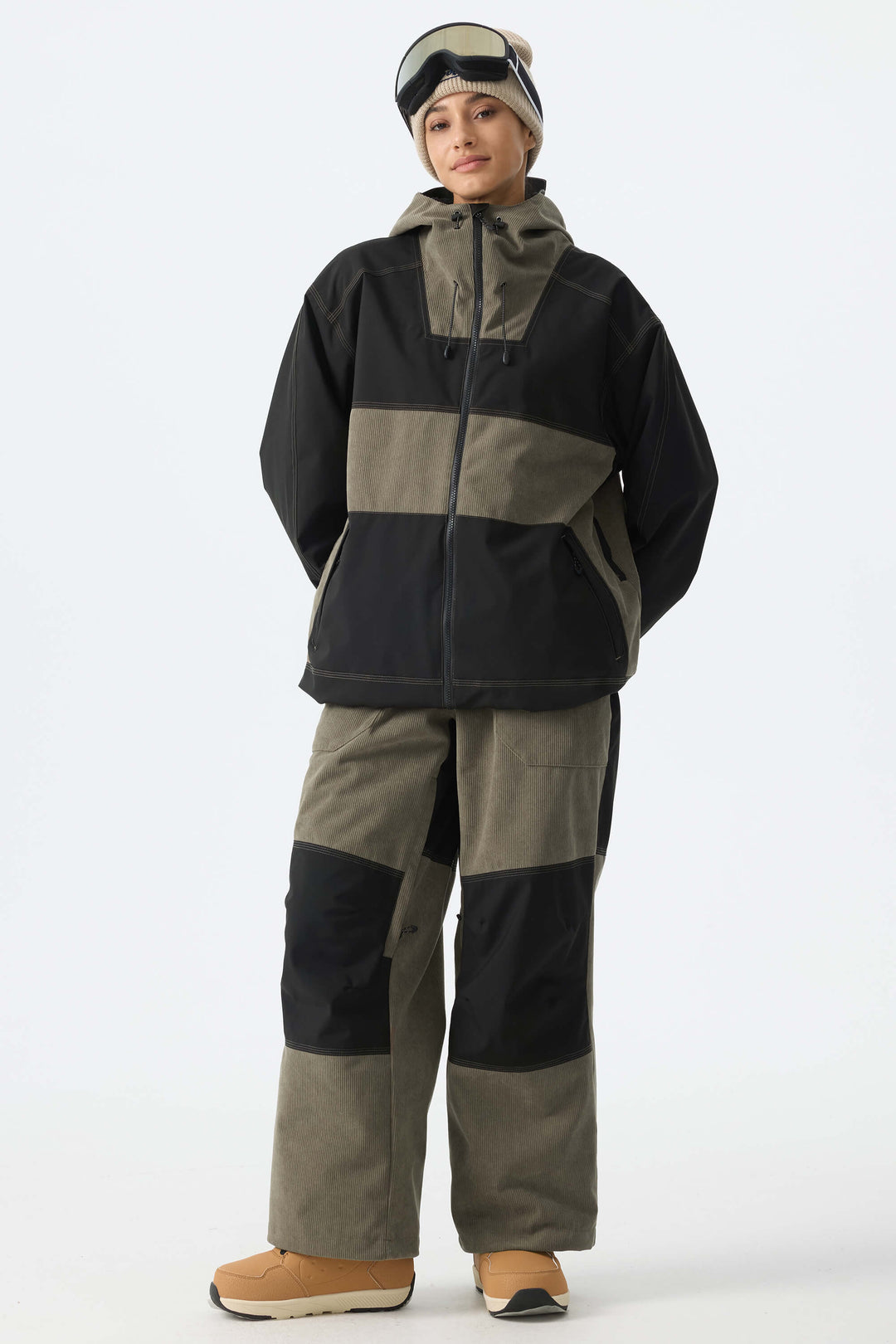Women's Color-Block Off White & Black Corduroy Snow Jacket