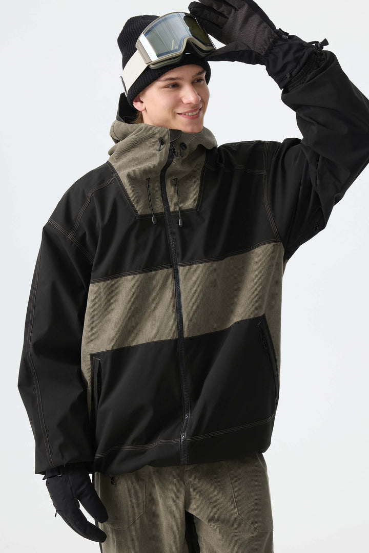 Men's Color-Block Dark Olive & Black Corduroy Snow Jacket