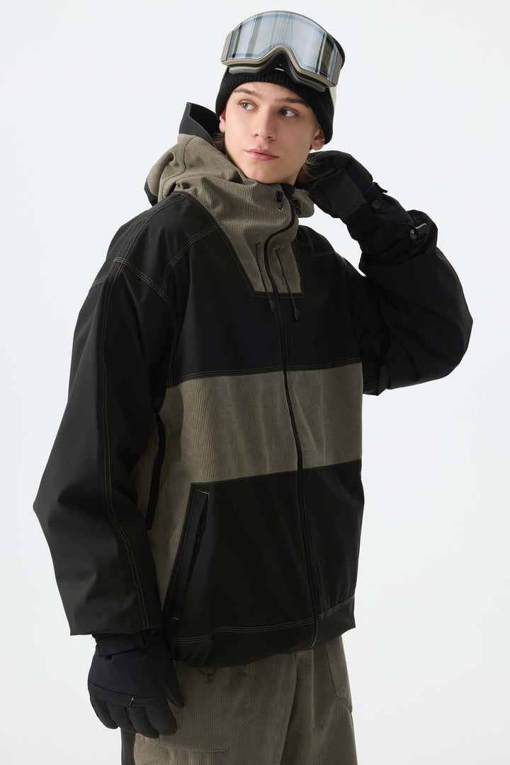 Men's Color-Block Dark Olive & Black Corduroy Snow Jacket