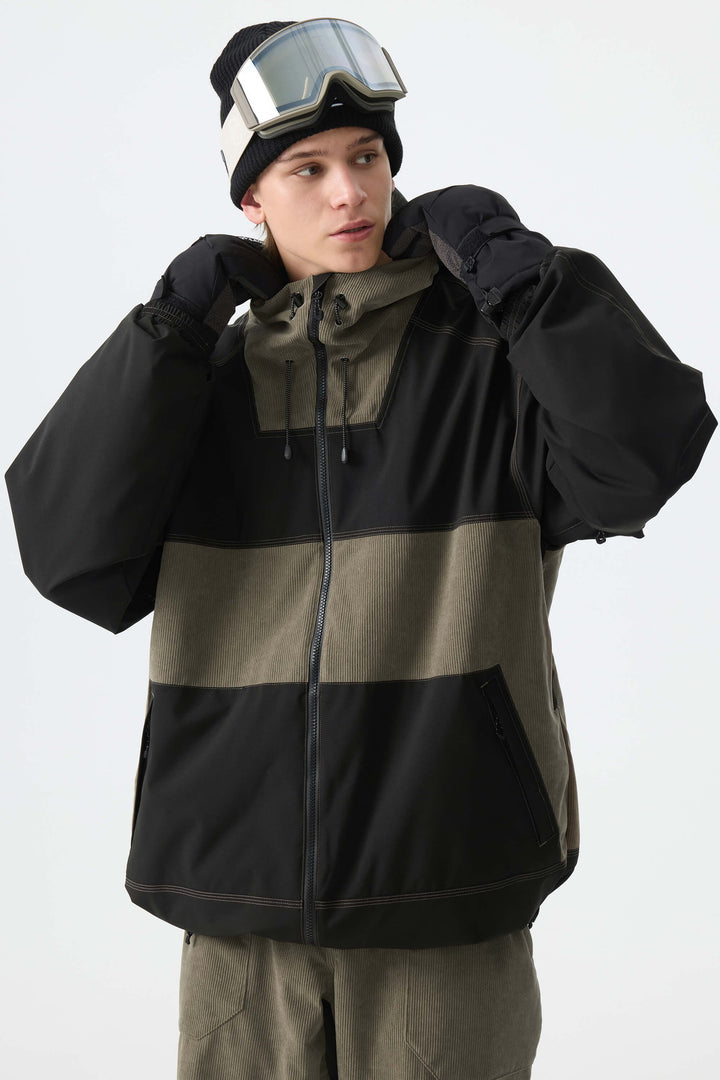 Men's Color-Block Dark Olive & Black Corduroy Snow Jacket