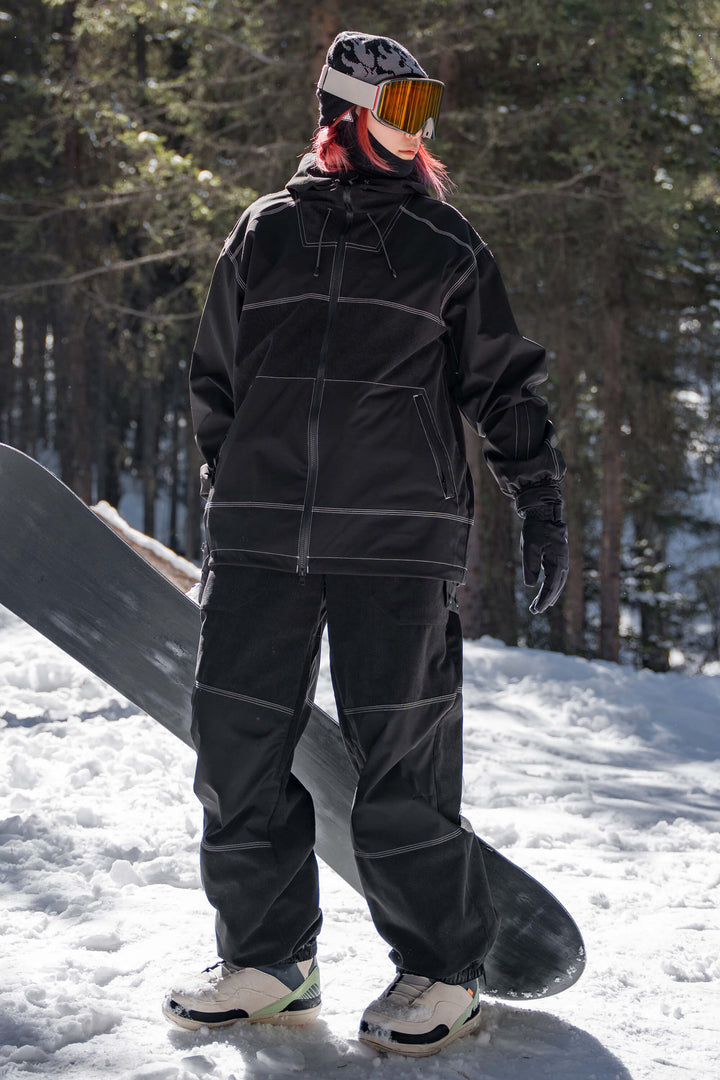 Women's Color-Block Off White & Black Corduroy Snow Jacket