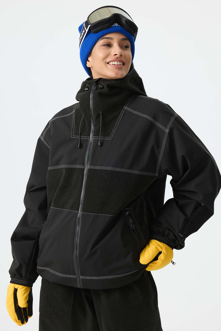 Women's Color-Block Off White & Black Corduroy Snow Jacket