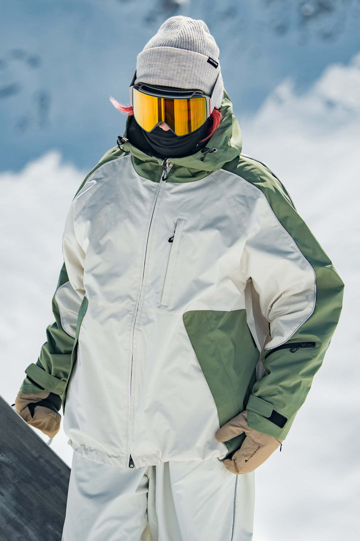 Women's Color Block Off White & Sage Reflective Piping Snow Jacket