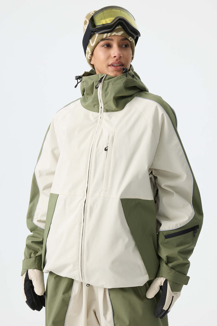Women's Color Block Off White & Sage Reflective Piping Snow Jacket