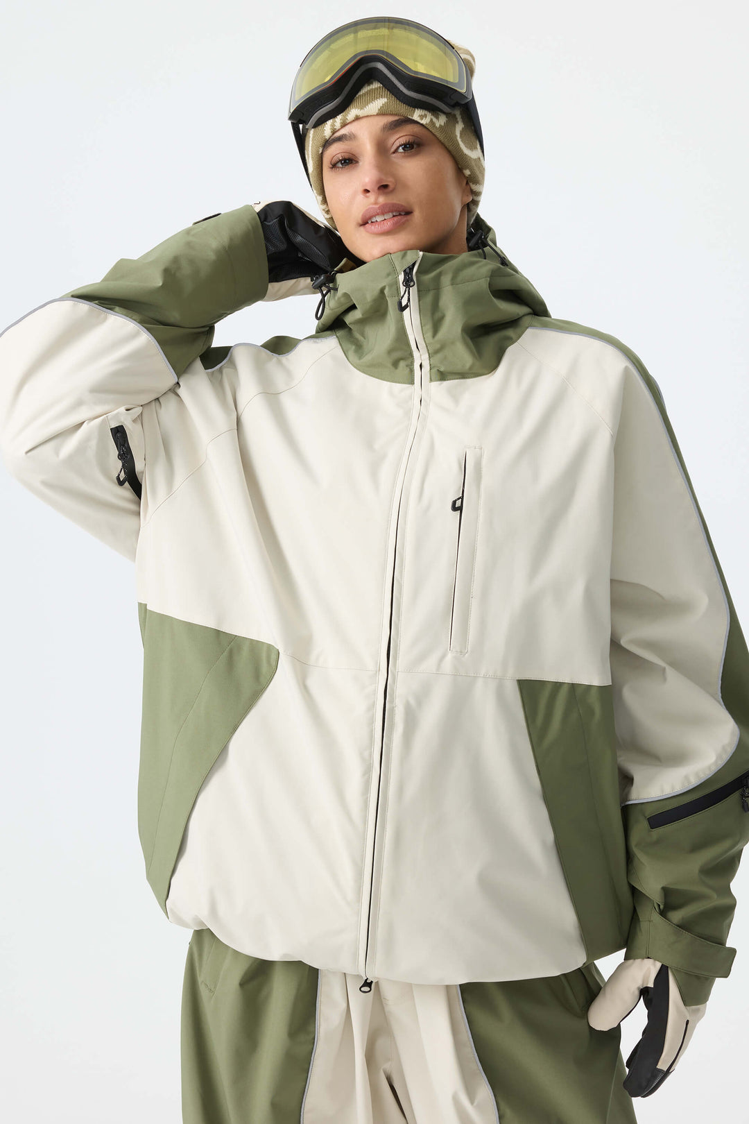 Women's Color Block Off White & Sage Reflective Piping Snow Jacket