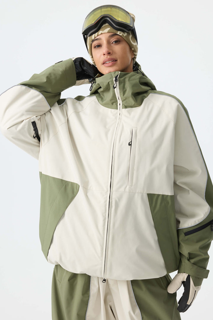 Women's Color Block Off White & Sage Reflective Piping Snow Jacket