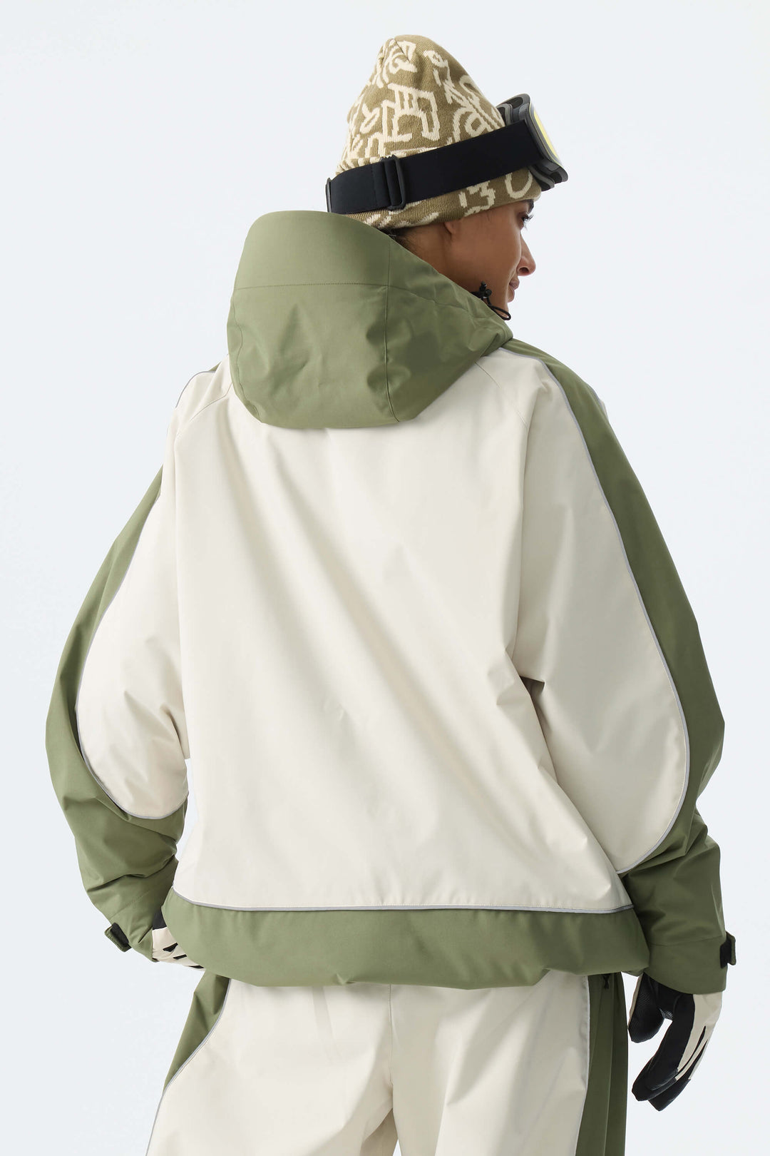 Women's Color Block Off White & Sage Reflective Piping Snow Jacket