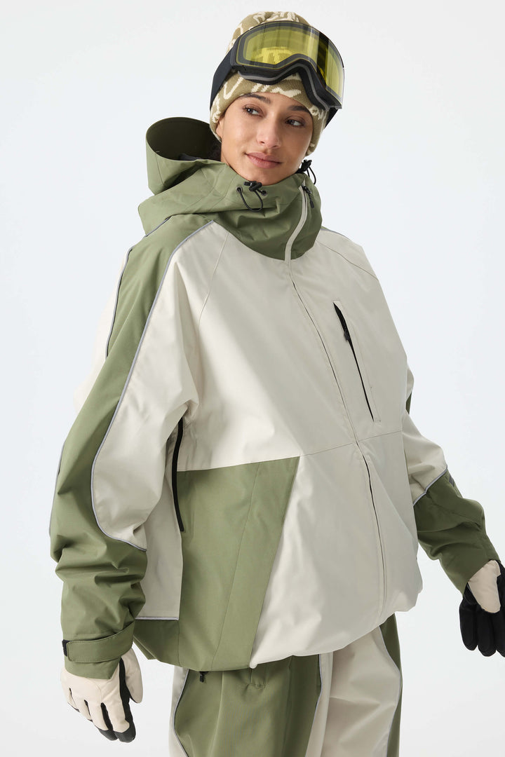 Women's Color Block Off White & Sage Reflective Piping Snow Jacket