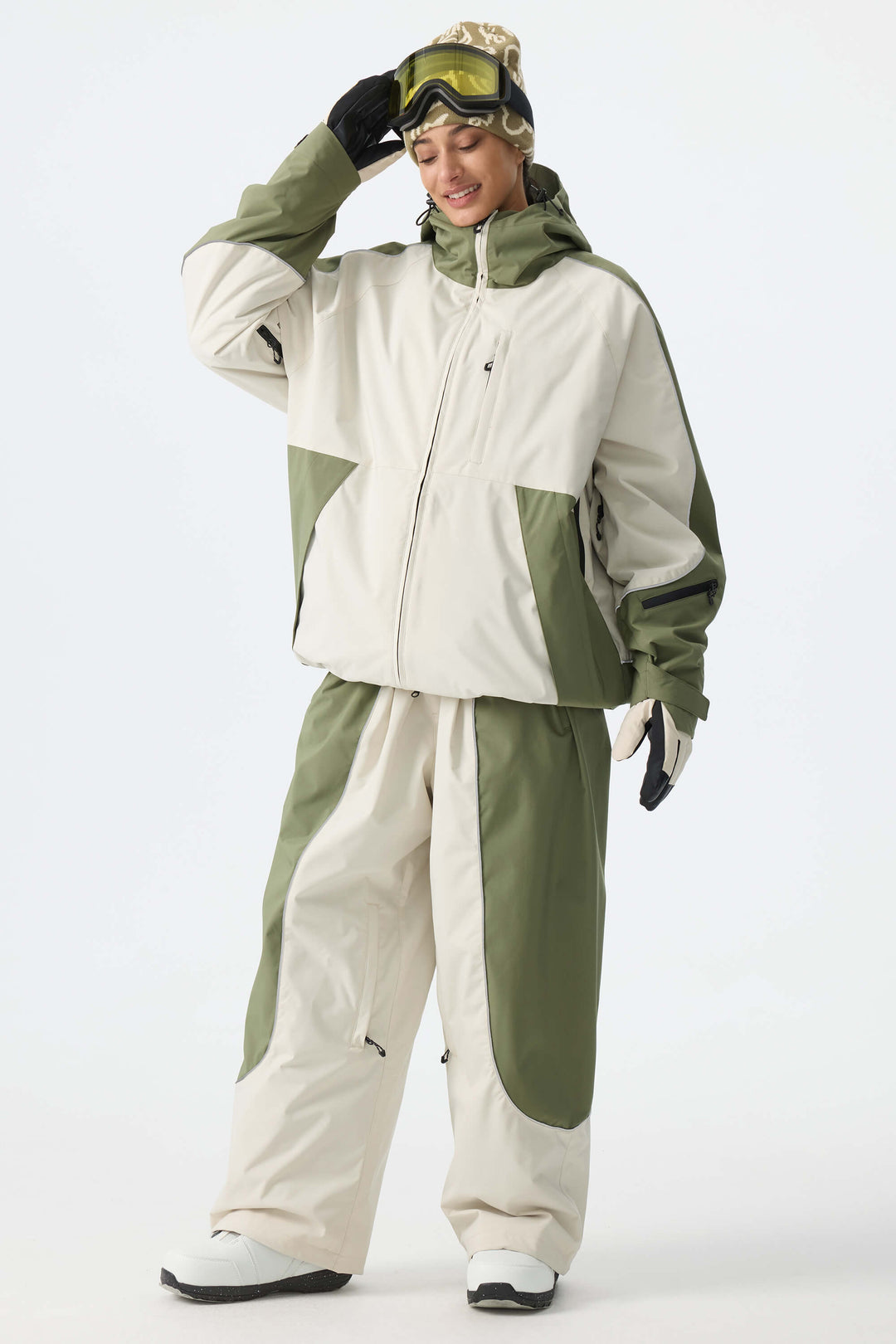 Women's Color Block Off White & Sage Reflective Piping Snow Jacket