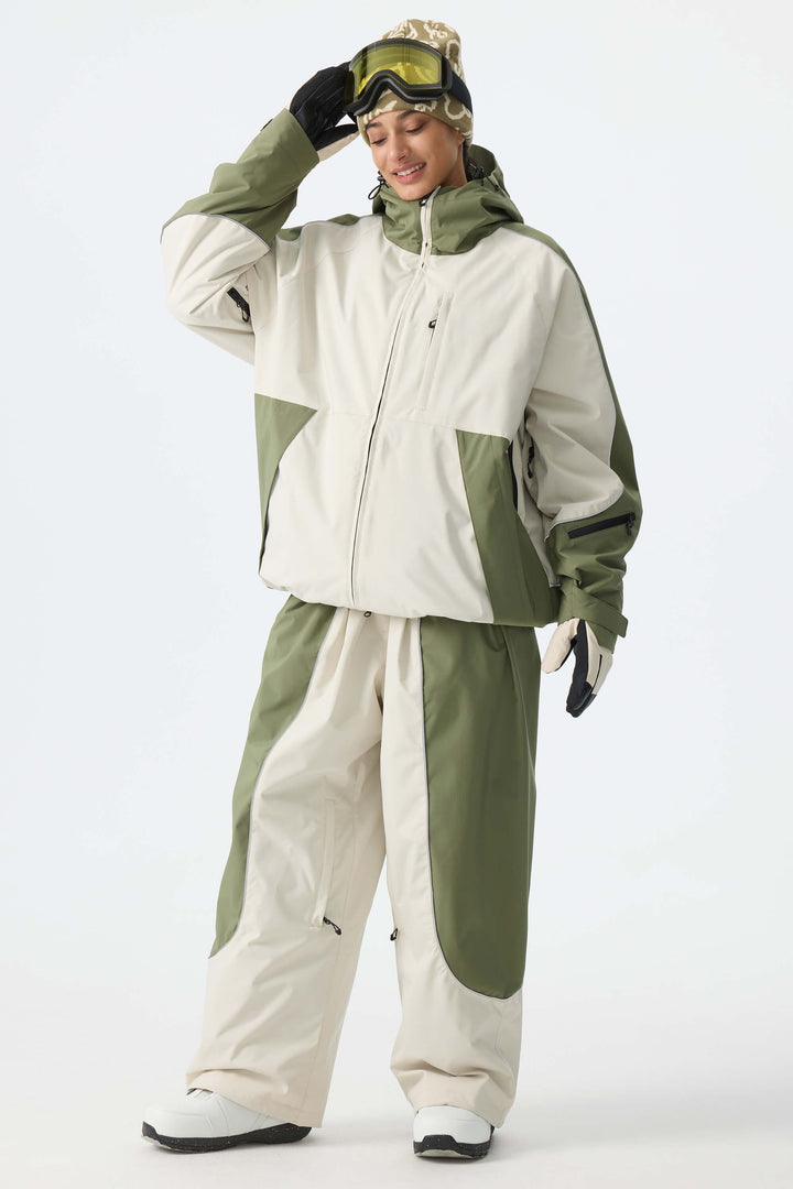 Women's Color Block Off White & Sage Reflective Piping Snow Jacket