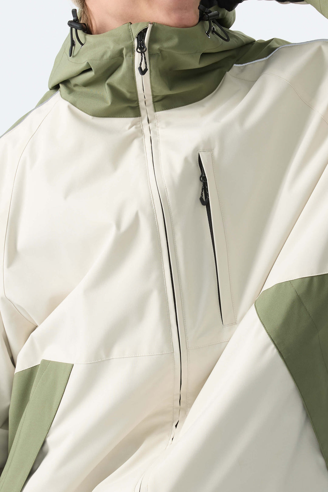 Men's Color Block Off White & Sage Reflective Piping Snow Jacket