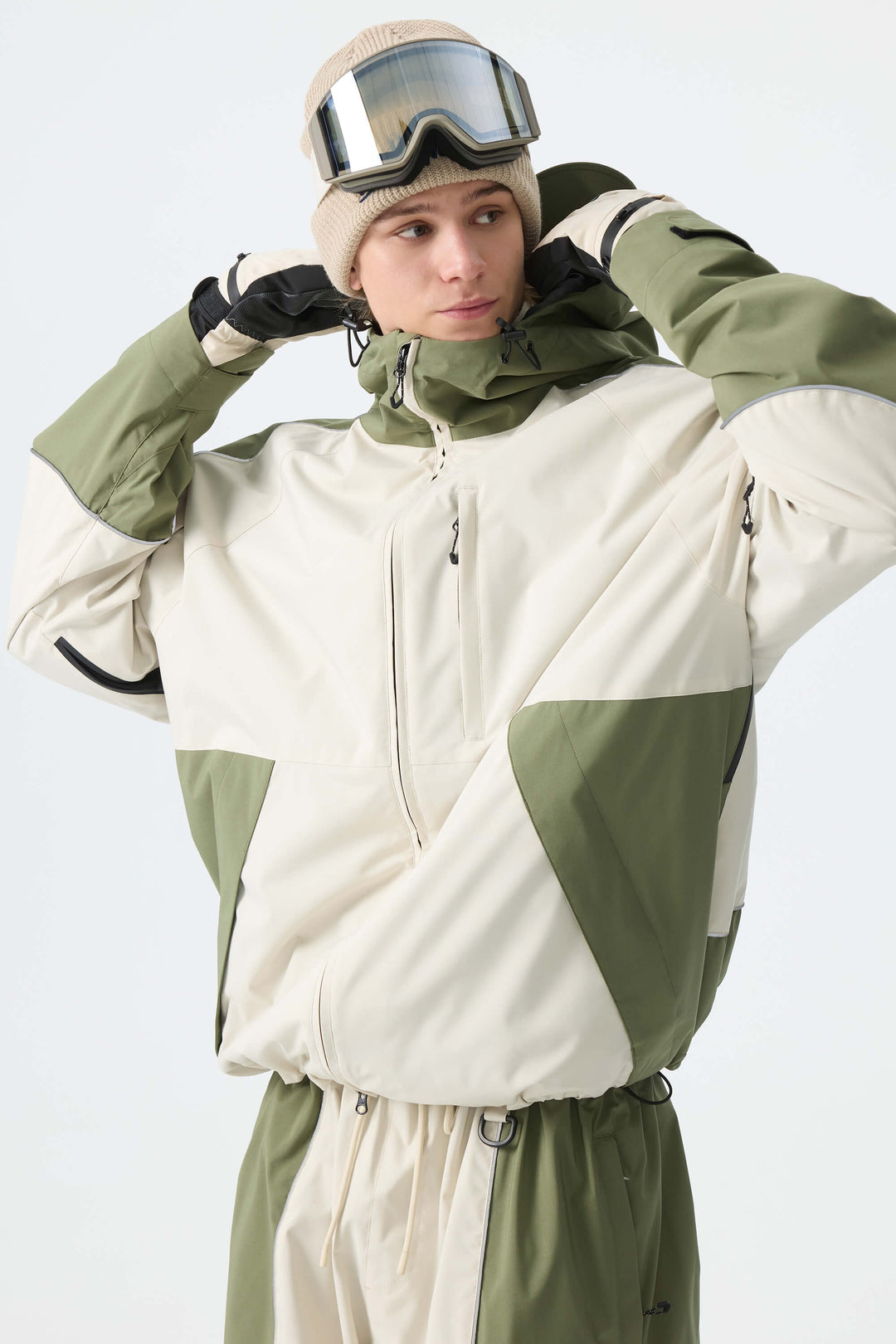 Men's Color Block Off White & Sage Reflective Piping Snow Jacket