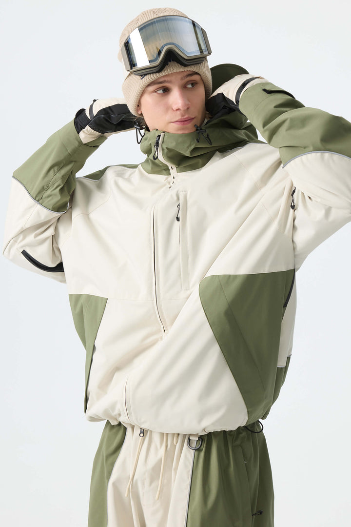 Men's Color Block Off White & Sage Reflective Piping Snow Jacket