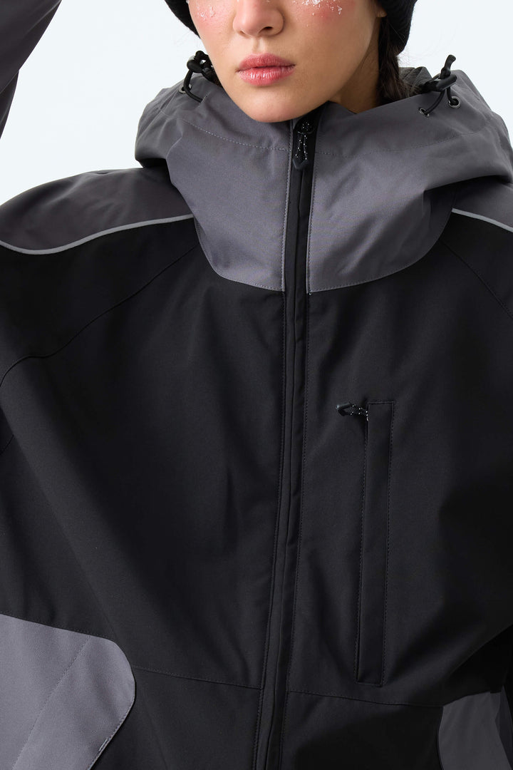 Women's Color Block Black & Gray Reflective Piping Snow Jacket