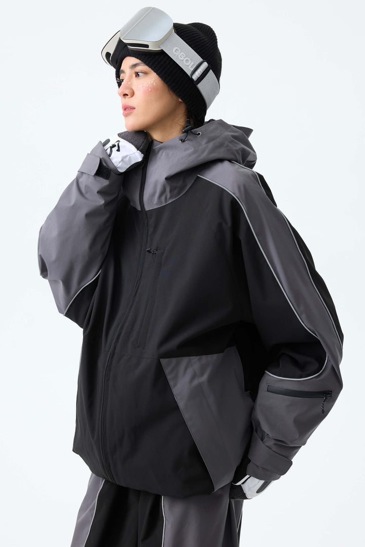 Women's Color Block Black & Gray Reflective Piping Snow Jacket