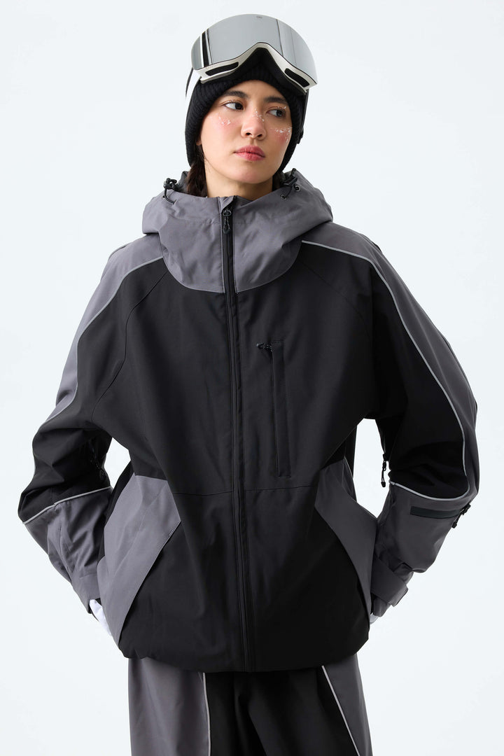 Women's Color Block Black & Gray Reflective Piping Snow Jacket