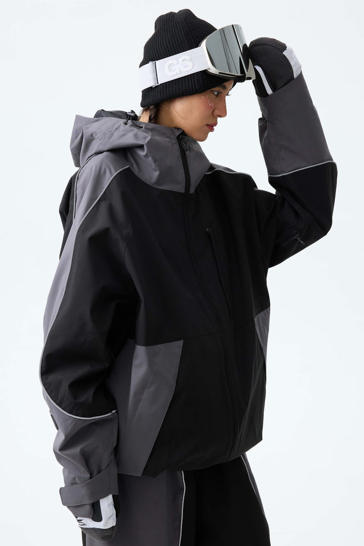 Women's Color Block Black & Gray Reflective Piping Snow Jacket
