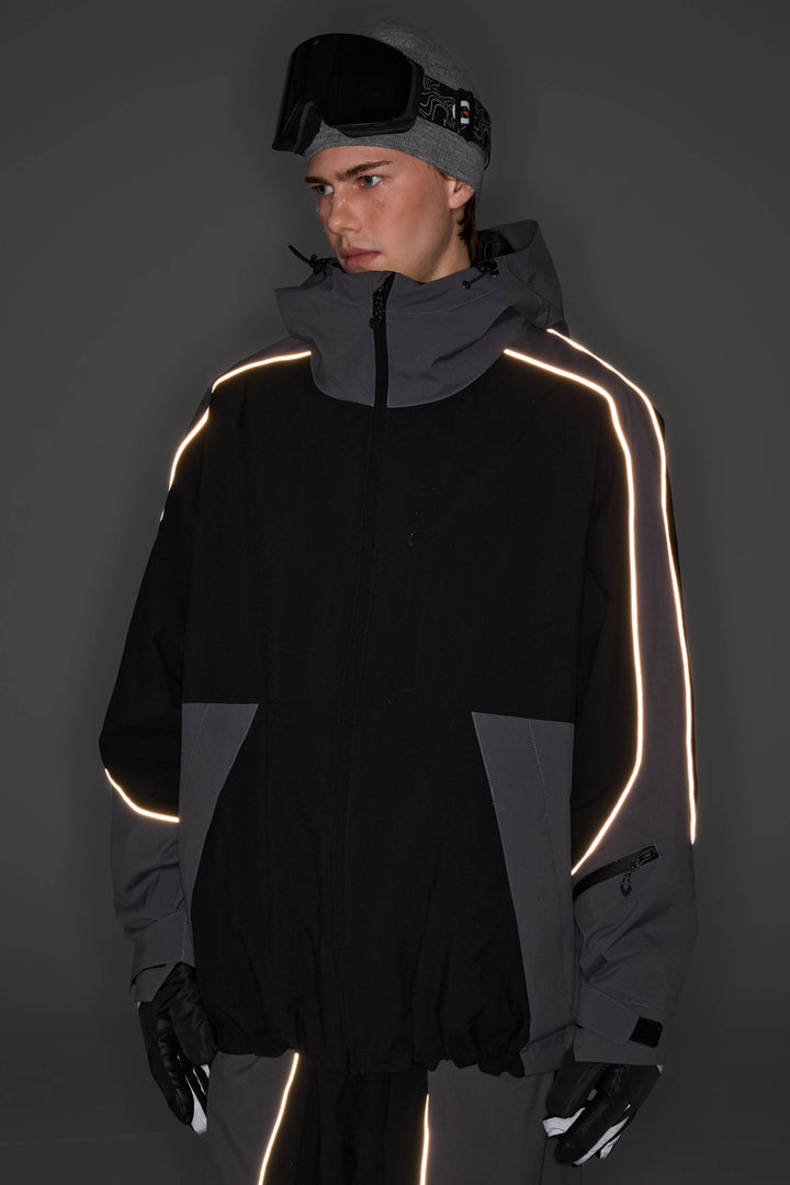 Men's Color Block Yellow & Black Reflective Piping Snow Jacket