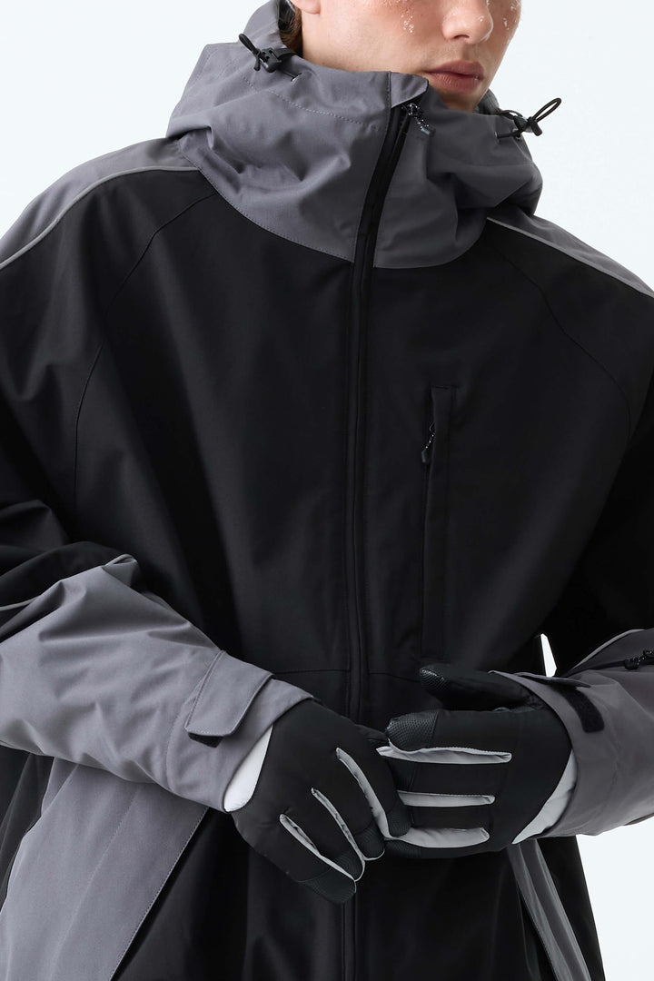 Men's Color Block Black & Gray Reflective Piping Snow Jacket