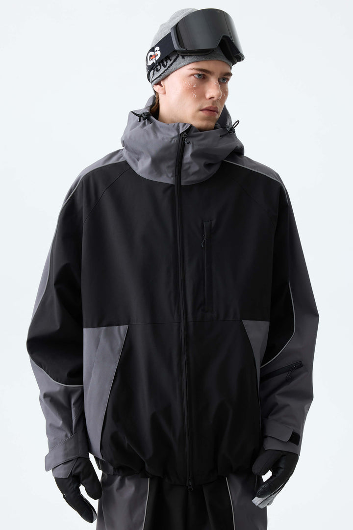 Men's Color Block Black & Gray Reflective Piping Snow Jacket