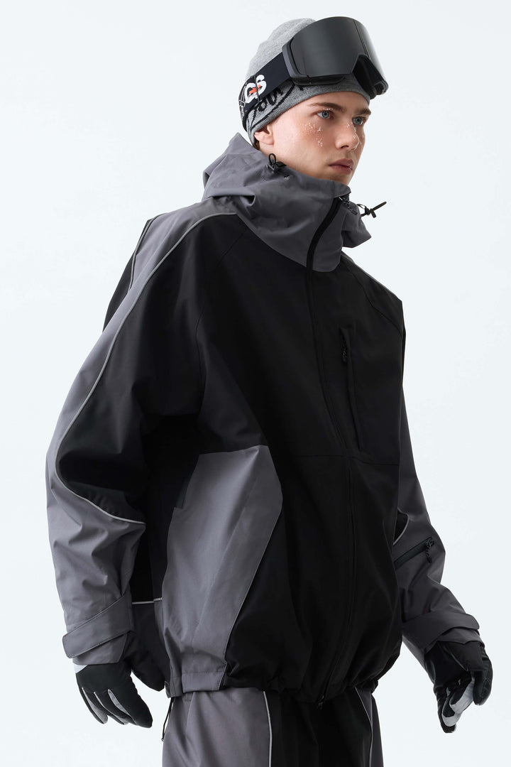 Men's Color Block Black & Gray Reflective Piping Snow Jacket