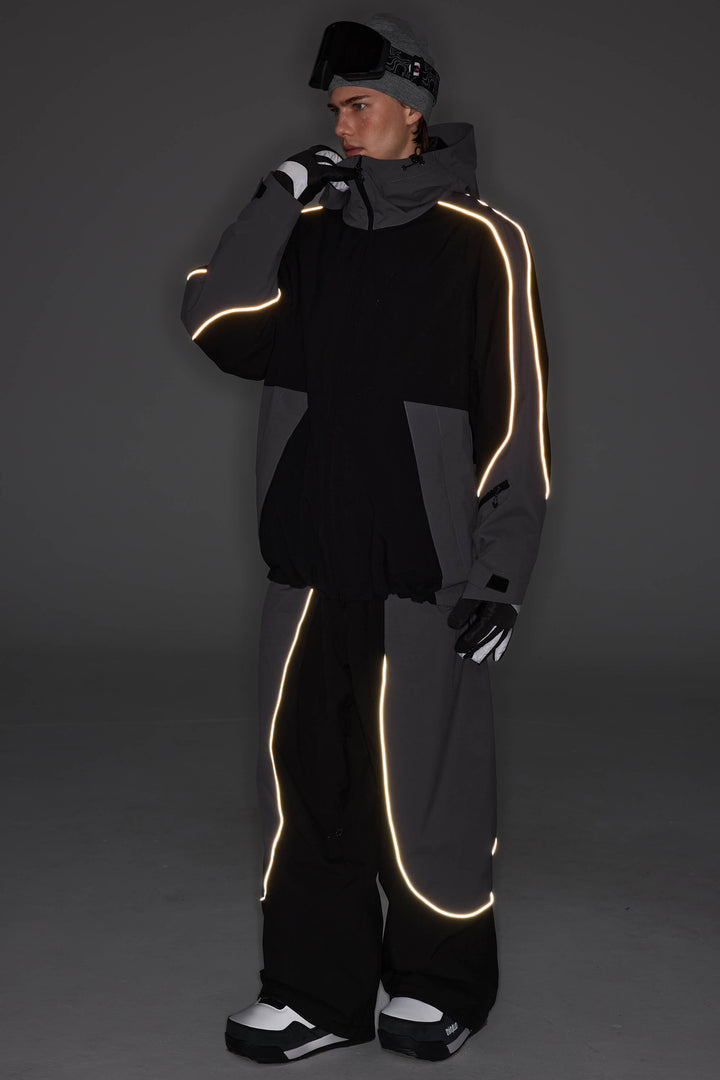 Men's Color Block Yellow & Black Reflective Piping Snow Jacket