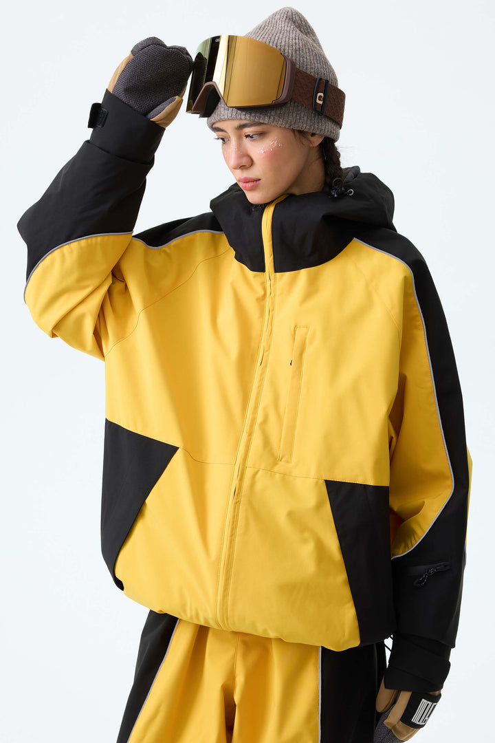 Women's Color Block Yellow & Black Reflective Piping Snow Jacket