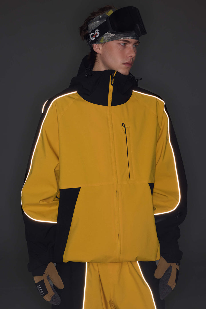Women's Color Block Yellow & Black Reflective Piping Snow Jacket