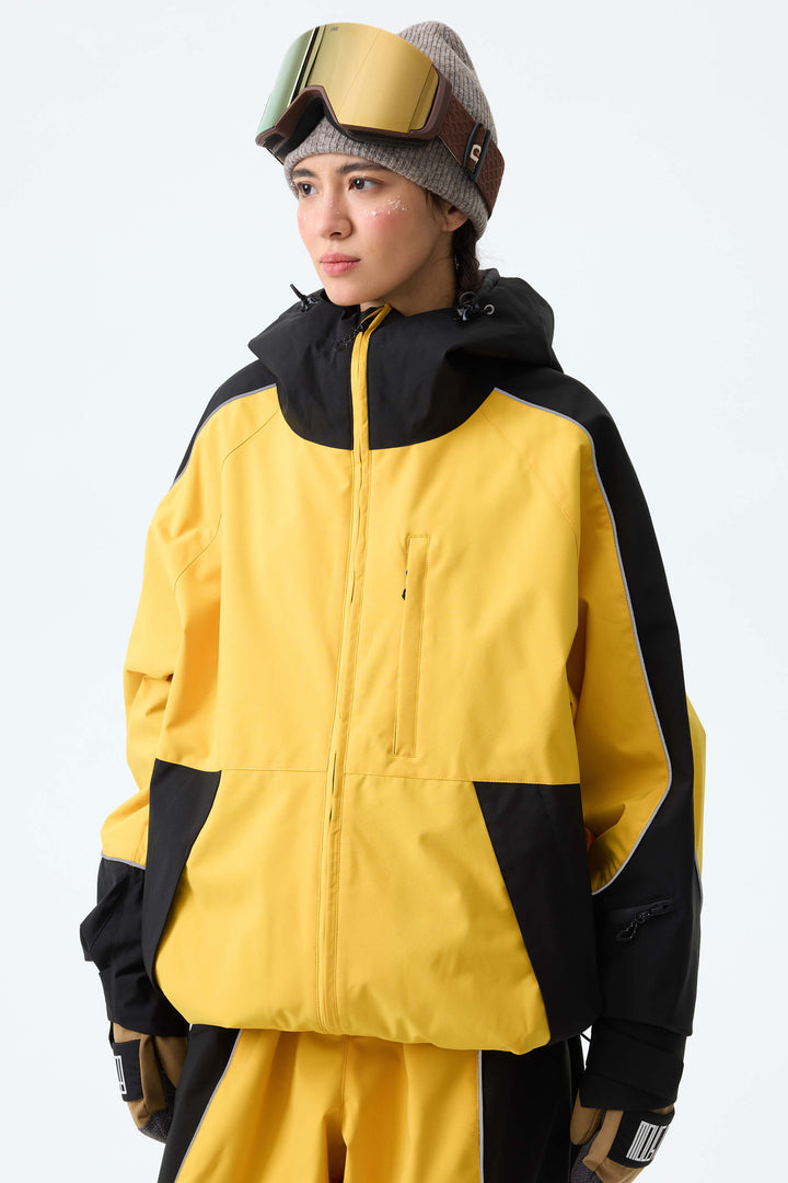Women's Color Block Yellow & Black Reflective Piping Snow Jacket