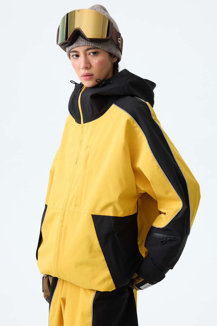 Women's Color Block Yellow & Black Reflective Piping Snow Jacket