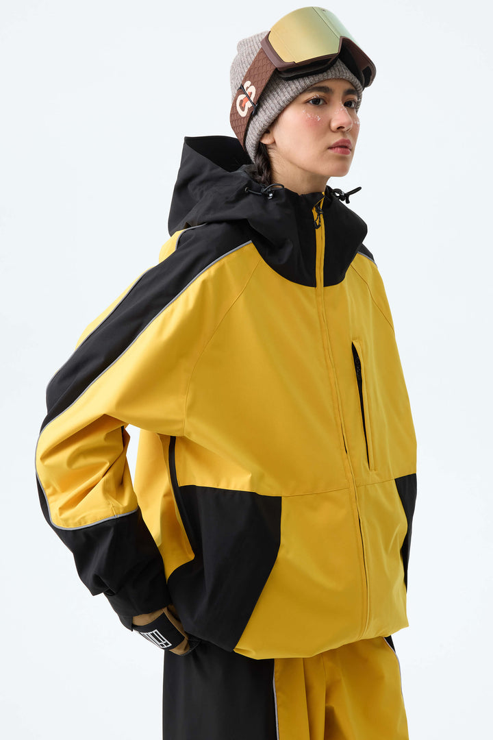 Women's Color Block Yellow & Black Reflective Piping Snow Jacket