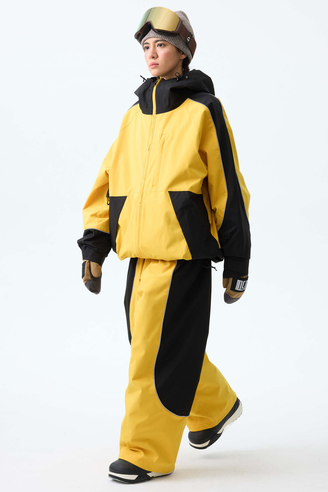 Women's Color Block Yellow & Black Reflective Piping Snow Jacket