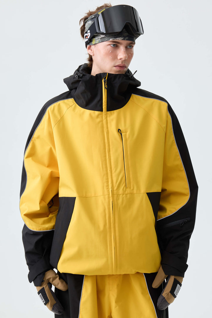Men's Color Block Yellow & Black Reflective Piping Snow Jacket
